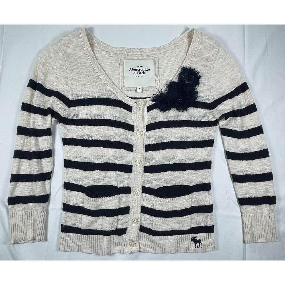 Vintage Abercrombie & Fitch Cardigan Sweater with Pockets Cream/Navy Size Small